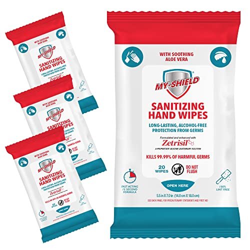 My-Shield Desinfizierende Handtücher – Reisegröße – 20 Tücher (4er-Pack) – Alkoholfrei, Lang anhaltender Schutz, Tötet 99,9 % der Keime, Pflegt mit Aloe Vera, Formuliert mit Zetrisil