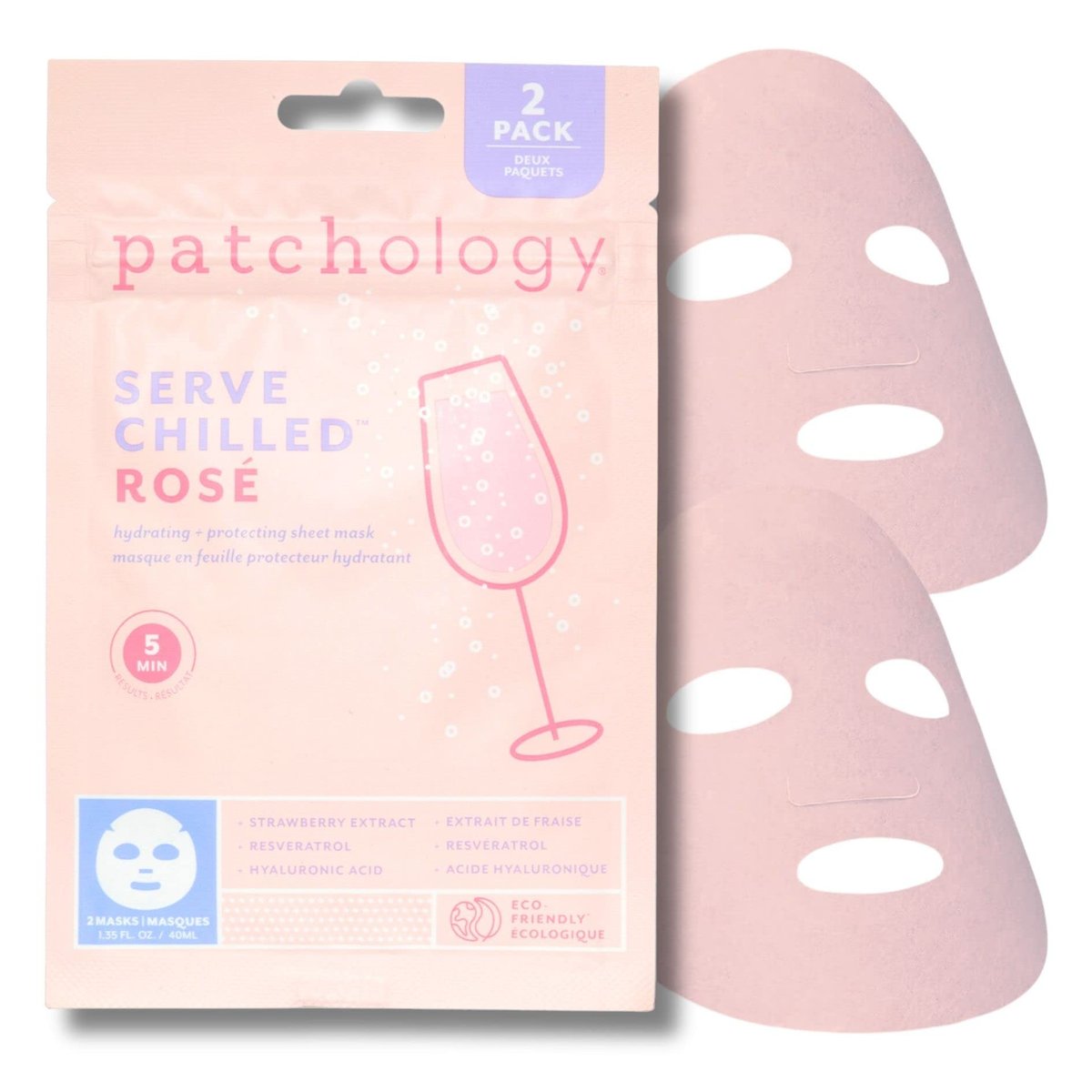 Patchology Serve Chilled Rosé Gesichtsblattmaske – Feuchtigkeitsspendende & beruhigende Maske mit Hyaluronsäure für strahlende Haut, Rosé-duftende Hautpflege, Self-Care Spa-Erlebnis zu Hause – 2 Paare
