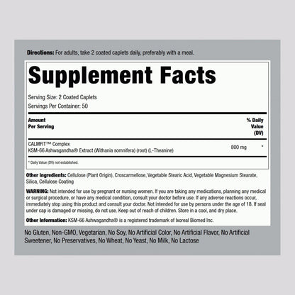 Piping Rock KSM-66 Ashwagandha Extrakt | 800 mg Komplex mit L-Theanin | 100 Kapseln | Vegan, Non-GMO, Glutenfrei