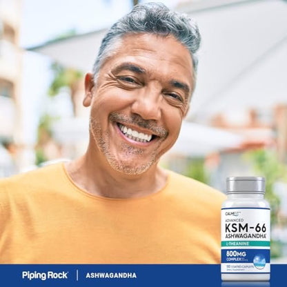 Piping Rock KSM-66 Ashwagandha Extrakt | 800 mg Komplex mit L-Theanin | 100 Kapseln | Vegan, Non-GMO, Glutenfrei
