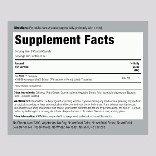 Piping Rock KSM-66 Ashwagandha Extrakt | 800 mg Komplex mit L-Theanin | 100 Kapseln | Vegan, Non-GMO, Glutenfrei