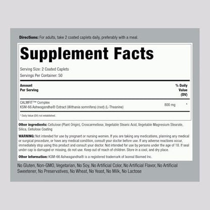 Piping Rock KSM-66 Ashwagandha Extrakt | 800 mg Komplex mit L-Theanin | 100 Kapseln | Vegan, Non-GMO, Glutenfrei