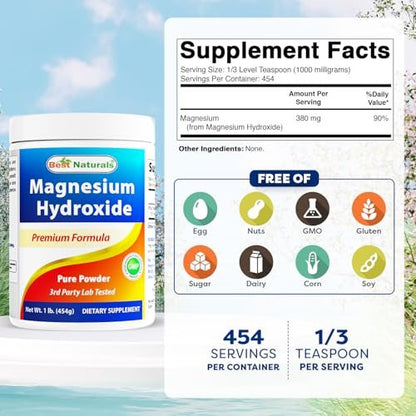 Best Naturals Magnesiumhydroxid-Pulver – 380 mg elementares Magnesium pro Portion – 454 Portionen pro Behälter – 1 Pfund