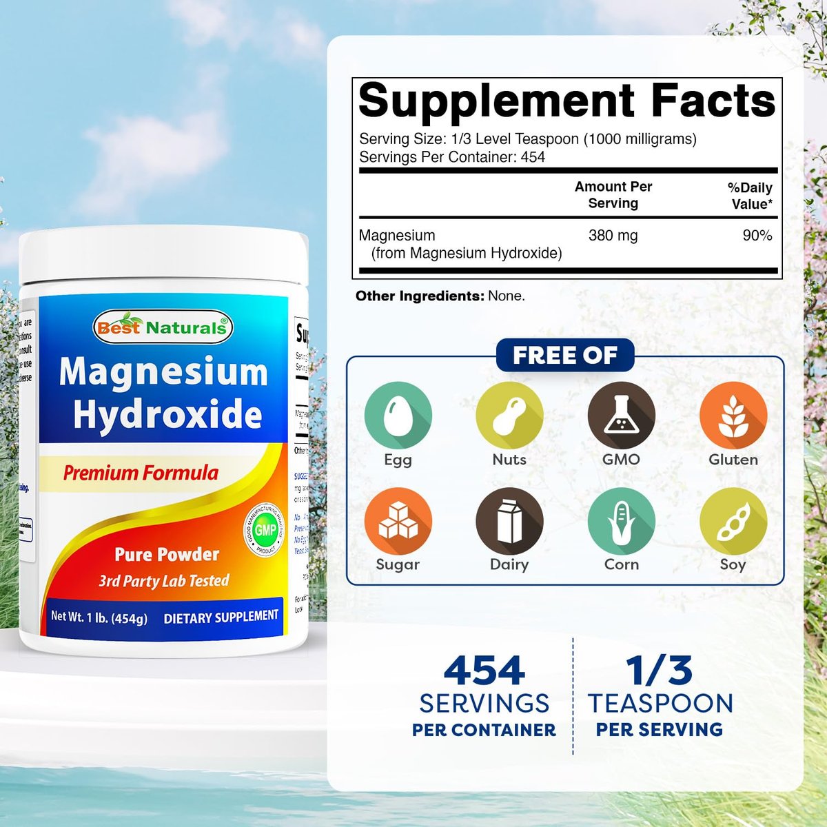 Best Naturals Magnesiumhydroxid-Pulver – 380 mg elementares Magnesium pro Portion – 454 Portionen pro Behälter – 1 Pfund