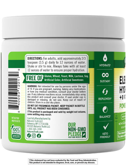 Nature's Truth Elektrolyte Pulver | Ohne Zucker | Mit B-Vitaminen | Erfrischender Zitronengeschmack | Veganes, Nicht-GVO & Glutenfreies Hydratationspräparat