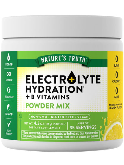 Nature's Truth Elektrolyte Pulver | Ohne Zucker | Mit B-Vitaminen | Erfrischender Zitronengeschmack | Veganes, Nicht-GVO & Glutenfreies Hydratationspräparat