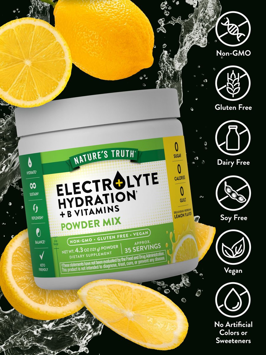 Nature's Truth Elektrolyte Pulver | Ohne Zucker | Mit B-Vitaminen | Erfrischender Zitronengeschmack | Veganes, Nicht-GVO & Glutenfreies Hydratationspräparat