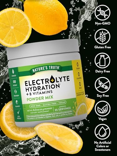 Nature's Truth Elektrolyte Pulver | Ohne Zucker | Mit B-Vitaminen | Erfrischender Zitronengeschmack | Veganes, Nicht-GVO & Glutenfreies Hydratationspräparat