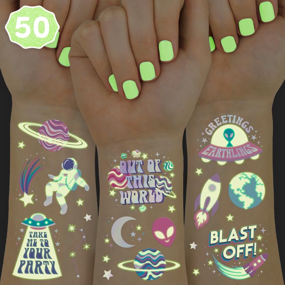 xo, Fetti Weltraum + Planeten Leuchten im Dunkeln Temporäre Tattoos für Kinder - 50 Stück | Außerirdische Geburtstagsparty-Zubehör, Astronauten-Gunsten + Raketen-Dekorationen