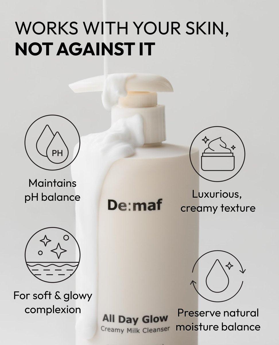 De:maf All Day Glow Creamy Milk Cleanser – Sanfte Gesichtsreinigung für empfindliche Haut mit Hyaluronsäure, Ceramiden & Panthenol (300 ml)