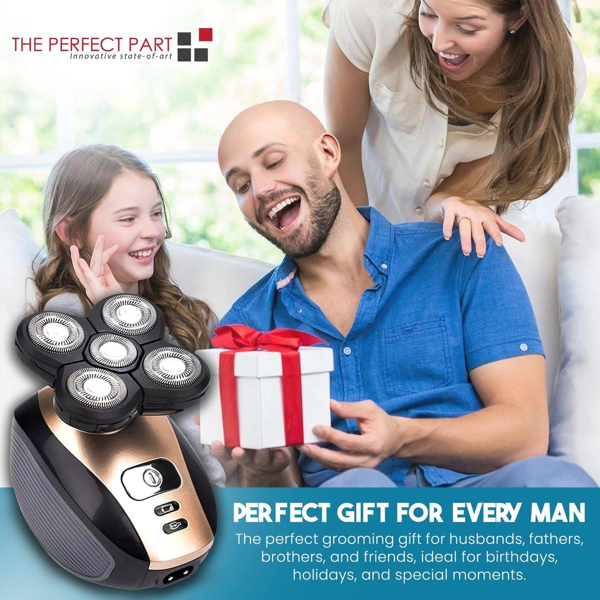 The Perfect Part 5-in-1 Rotations-Rasierer für Glatze & Bart | 4D Wiederaufladbarer & Kabelloser Haarschneider | Inklusive Kopfrasierer, Barttrimmer, Nasenhaartrimmer, Gesichtsbürste & Reinigungsbürste