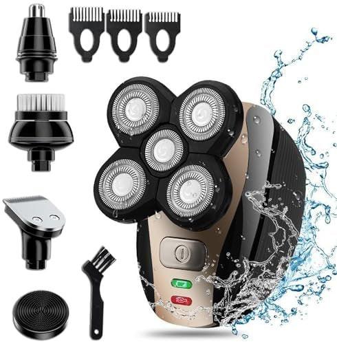 The Perfect Part 5-in-1 Rotations-Rasierer für Glatze & Bart | 4D Wiederaufladbarer & Kabelloser Haarschneider | Inklusive Kopfrasierer, Barttrimmer, Nasenhaartrimmer, Gesichtsbürste & Reinigungsbürste