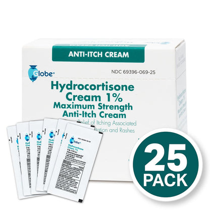 Globe Hydrocortison 1% Maximum Stärke Creme (25 Packungen à 0,9 g) – Anti-Juckreiz Creme gegen Rötungen, Schwellungen, Juckreiz, Hautausschlag, Insektenstiche, Ekzeme und mehr