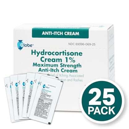Globe Hydrocortison 1% Maximum Stärke Creme (25 Packungen à 0,9 g) – Anti-Juckreiz Creme gegen Rötungen, Schwellungen, Juckreiz, Hautausschlag, Insektenstiche, Ekzeme und mehr