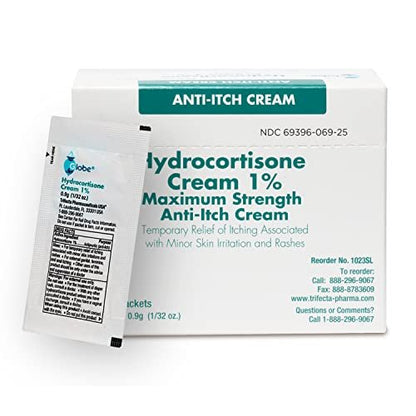 Globe Hydrocortison 1% Maximum Stärke Creme (25 Packungen à 0,9 g) – Anti-Juckreiz Creme gegen Rötungen, Schwellungen, Juckreiz, Hautausschlag, Insektenstiche, Ekzeme und mehr