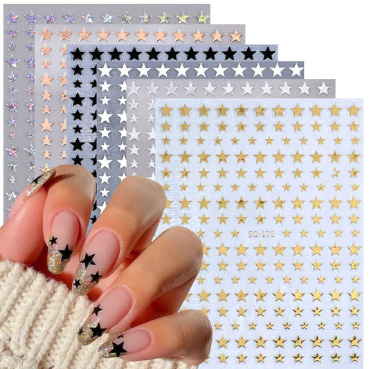 6 Blatt 3D Stern Nagelaufkleber – Glitzernde Gold, Silber, Weiß, Schwarz Sterne Nagelkunst Sticker, Geometrie Design, DIY Maniküre, luxuriöse Nageldekoration