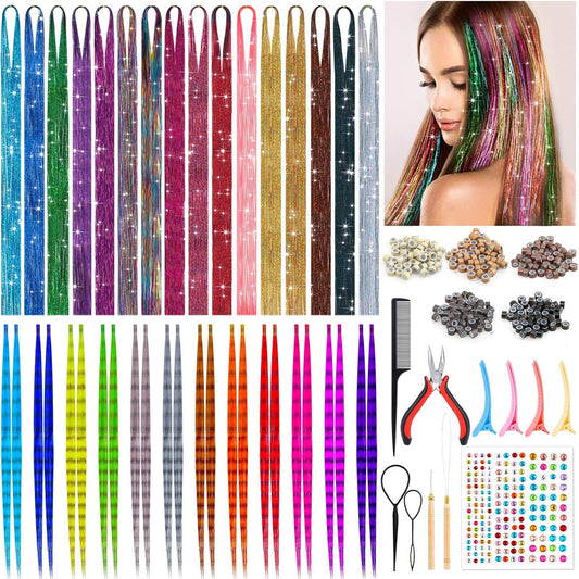 ROADPLUM Haar-Tinsel-Set, 16 Farben, 3200 Strähnen Tinsel & 12 Farben Haarfedern – Hitzebeständig, glänzend, perfekt für Cosplay oder Partys