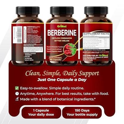 GriMed Berberin Komplex 9.500 mg mit Ceylon Zimt und Bittermelone – Unterstützt das Immunsystem, 150 Kapseln
