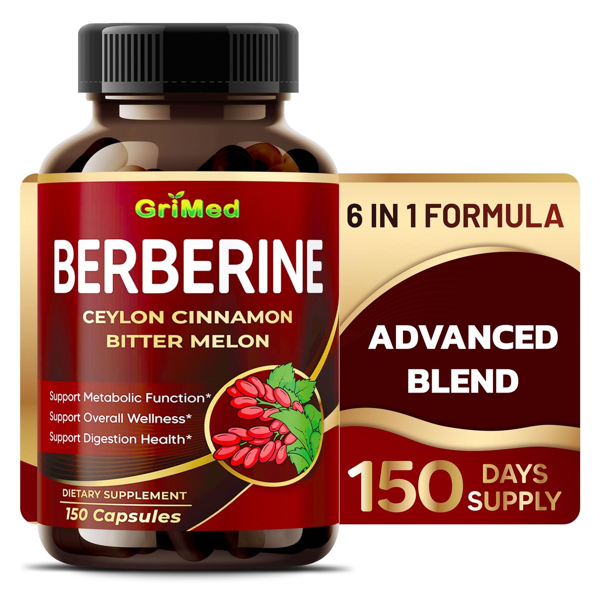 GriMed Berberin Komplex 9.500 mg mit Ceylon Zimt und Bittermelone – Unterstützt das Immunsystem, 150 Kapseln