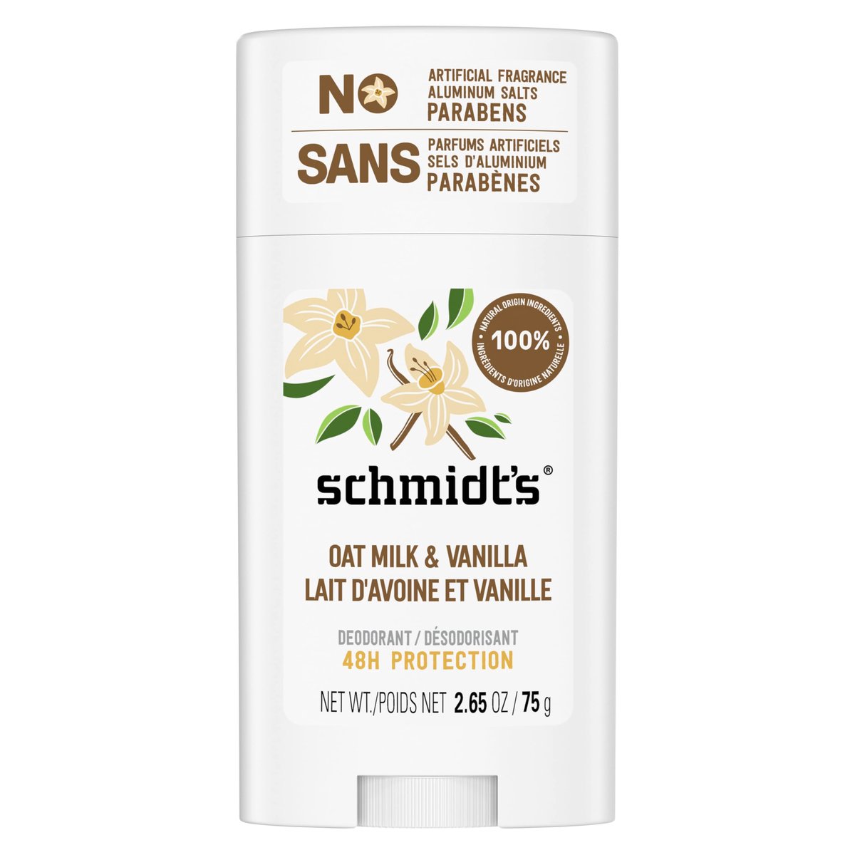 Schmidt's Aluminiumfreies veganes Deodorant Vanille & Hafermilch – 24h Schutz, ohne Aluminium, für Damen und Herren, 2,65 oz