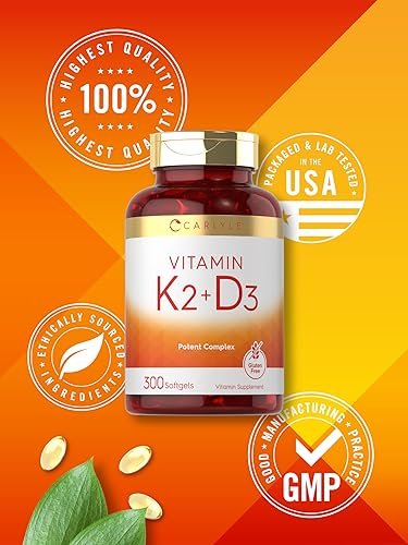 Carlyle Vitamin K2 D3 Ergänzung | 300 Weichkapseln | 200 µg K2 MK7 & 10.000 IE D3 | Non-GMO, Glutenfrei