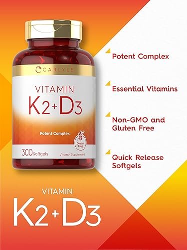 Carlyle Vitamin K2 D3 Ergänzung | 300 Weichkapseln | 200 µg K2 MK7 & 10.000 IE D3 | Non-GMO, Glutenfrei