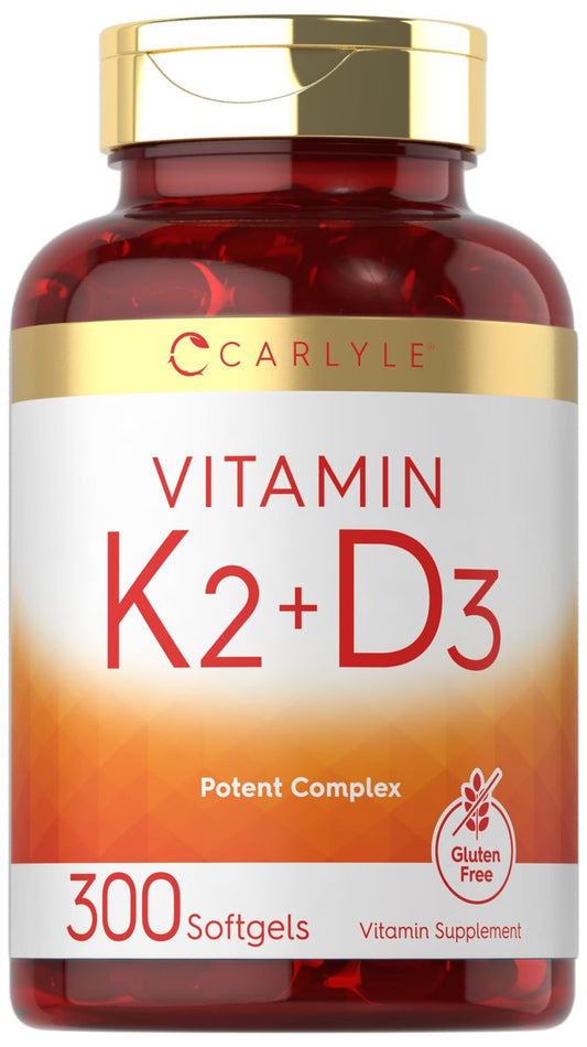 Carlyle Vitamin K2 D3 Ergänzung | 300 Weichkapseln | 200 µg K2 MK7 & 10.000 IE D3 | Non-GMO, Glutenfrei