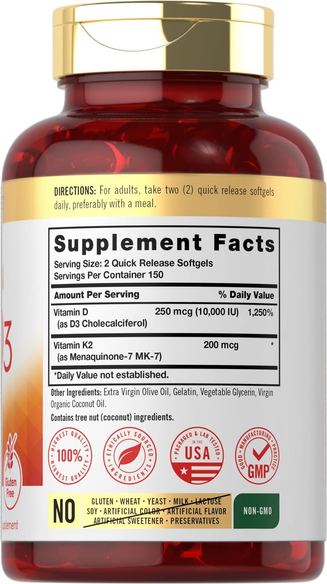 Carlyle Vitamin K2 D3 Ergänzung | 300 Weichkapseln | 200 µg K2 MK7 & 10.000 IE D3 | Non-GMO, Glutenfrei