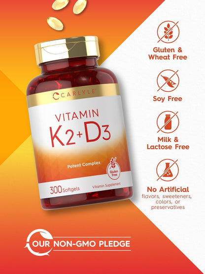 Carlyle Vitamin K2 D3 Ergänzung | 300 Weichkapseln | 200 µg K2 MK7 & 10.000 IE D3 | Non-GMO, Glutenfrei
