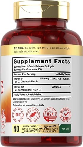 Carlyle Vitamin K2 D3 Ergänzung | 300 Weichkapseln | 200 µg K2 MK7 & 10.000 IE D3 | Non-GMO, Glutenfrei