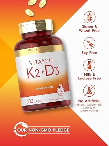 Carlyle Vitamin K2 D3 Ergänzung | 300 Weichkapseln | 200 µg K2 MK7 & 10.000 IE D3 | Non-GMO, Glutenfrei