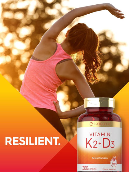 Carlyle Vitamin K2 D3 Ergänzung | 300 Weichkapseln | 200 µg K2 MK7 & 10.000 IE D3 | Non-GMO, Glutenfrei
