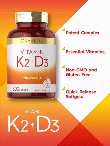 Carlyle Vitamin K2 D3 Ergänzung | 300 Weichkapseln | 200 µg K2 MK7 & 10.000 IE D3 | Non-GMO, Glutenfrei