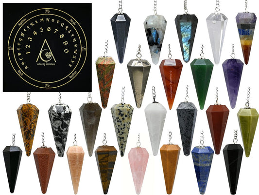 Amazing Gemstone Paket mit 11 Kristallpendeln in Bulk mit Pendeltafel – Wholesale Kristalle