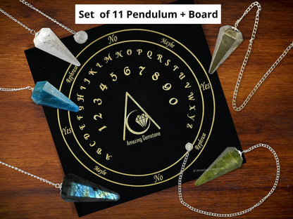 Amazing Gemstone Paket mit 11 Kristallpendeln in Bulk mit Pendeltafel – Wholesale Kristalle
