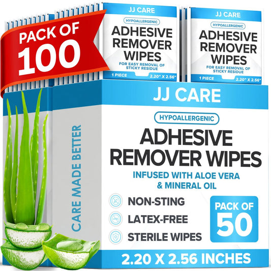 JJ CARE Kleberentferner-Tücher (100 Stück) 2,2" x 2,56 Zoll – Sanfter medizinischer Kleberentferner für empfindliche Haut, einzeln verpackt