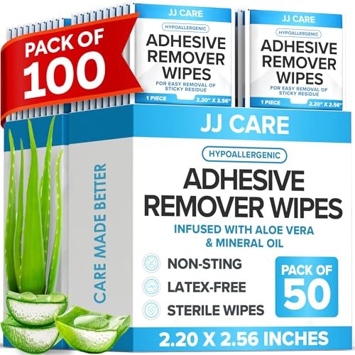 JJ CARE Kleberentferner-Tücher (100 Stück) 2,2" x 2,56 Zoll – Sanfter medizinischer Kleberentferner für empfindliche Haut, einzeln verpackt