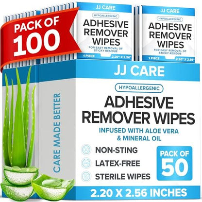 JJ CARE Kleberentferner-Tücher (100 Stück) 2,2" x 2,56 Zoll – Sanfter medizinischer Kleberentferner für empfindliche Haut, einzeln verpackt