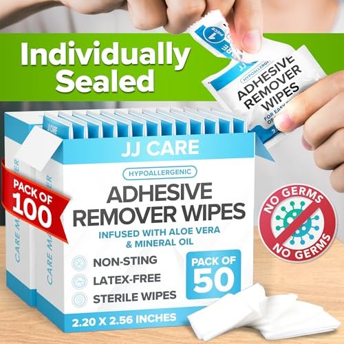 JJ CARE Kleberentferner-Tücher (100 Stück) 2,2" x 2,56 Zoll – Sanfter medizinischer Kleberentferner für empfindliche Haut, einzeln verpackt