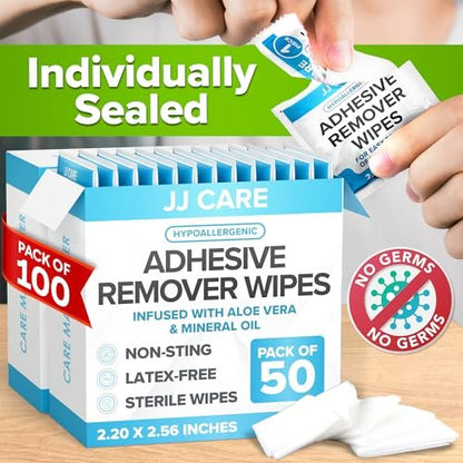 JJ CARE Kleberentferner-Tücher (100 Stück) 2,2" x 2,56 Zoll – Sanfter medizinischer Kleberentferner für empfindliche Haut, einzeln verpackt
