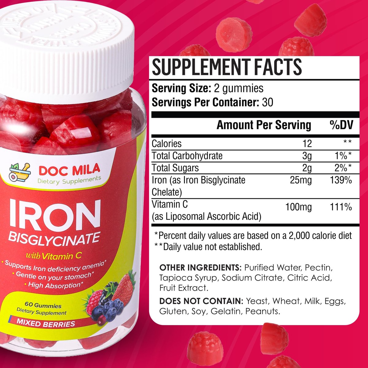 Eisenpräparat für Kinder und Erwachsene – Eisenbisglycinat Gummis 25 mg mit liposomalem Vitamin C – Chelat-Eisen für Frauen und Männer – 60 Gummis, 1 Monatsvorrat