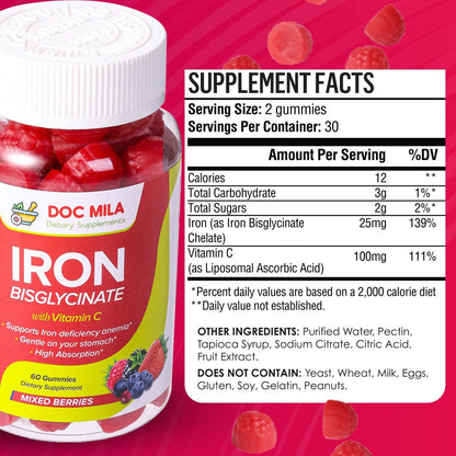 Eisenpräparat für Kinder und Erwachsene – Eisenbisglycinat Gummis 25 mg mit liposomalem Vitamin C – Chelat-Eisen für Frauen und Männer – 60 Gummis, 1 Monatsvorrat