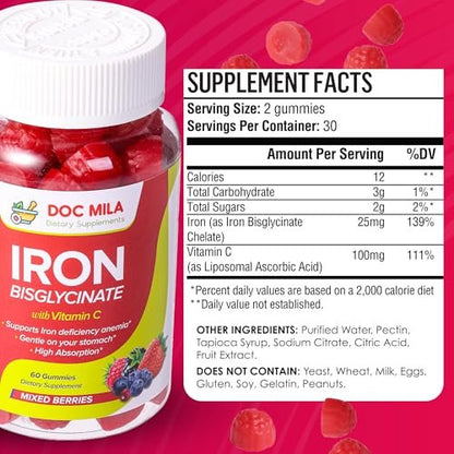 Eisenpräparat für Kinder und Erwachsene – Eisenbisglycinat Gummis 25 mg mit liposomalem Vitamin C – Chelat-Eisen für Frauen und Männer – 60 Gummis, 1 Monatsvorrat