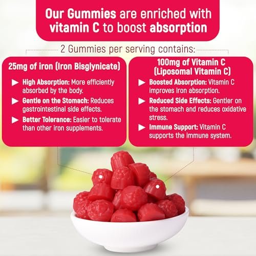 Eisenpräparat für Kinder und Erwachsene – Eisenbisglycinat Gummis 25 mg mit liposomalem Vitamin C – Chelat-Eisen für Frauen und Männer – 60 Gummis, 1 Monatsvorrat