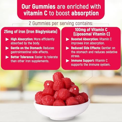 Eisenpräparat für Kinder und Erwachsene – Eisenbisglycinat Gummis 25 mg mit liposomalem Vitamin C – Chelat-Eisen für Frauen und Männer – 60 Gummis, 1 Monatsvorrat