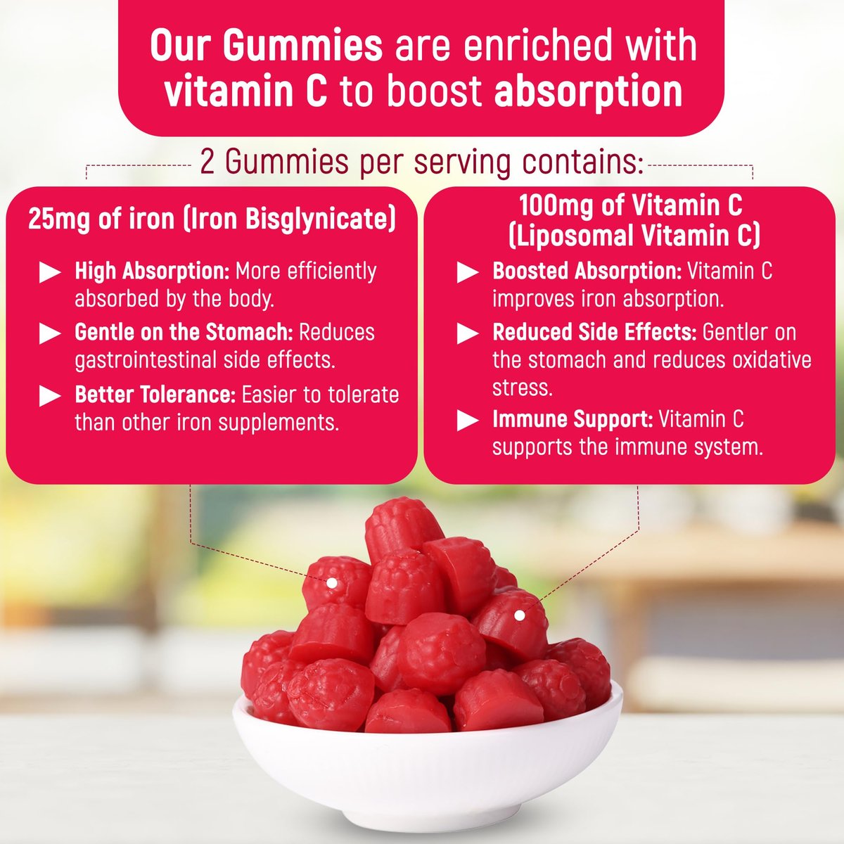 Eisenpräparat für Kinder und Erwachsene – Eisenbisglycinat Gummis 25 mg mit liposomalem Vitamin C – Chelat-Eisen für Frauen und Männer – 60 Gummis, 1 Monatsvorrat