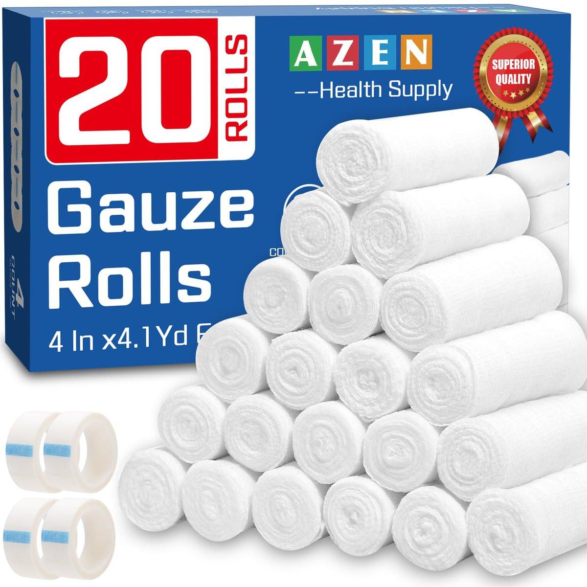 AZEN 20er-Pack Mullbinden, 10 cm x 3,7 m, Premium medizinische Verbandsmaterialien & Erste-Hilfe-Zubehör, Verbandswickel, Mummy-Wraps