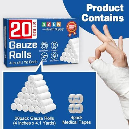 AZEN 20er-Pack Mullbinden, 10 cm x 3,7 m, Premium medizinische Verbandsmaterialien & Erste-Hilfe-Zubehör, Verbandswickel, Mummy-Wraps