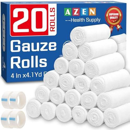 AZEN 20er-Pack Mullbinden, 10 cm x 3,7 m, Premium medizinische Verbandsmaterialien & Erste-Hilfe-Zubehör, Verbandswickel, Mummy-Wraps