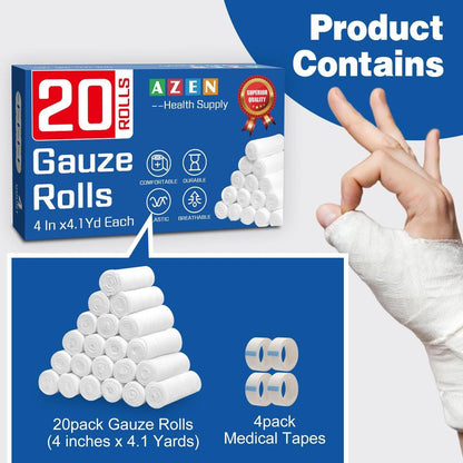 AZEN 20er-Pack Mullbinden, 10 cm x 3,7 m, Premium medizinische Verbandsmaterialien & Erste-Hilfe-Zubehör, Verbandswickel, Mummy-Wraps